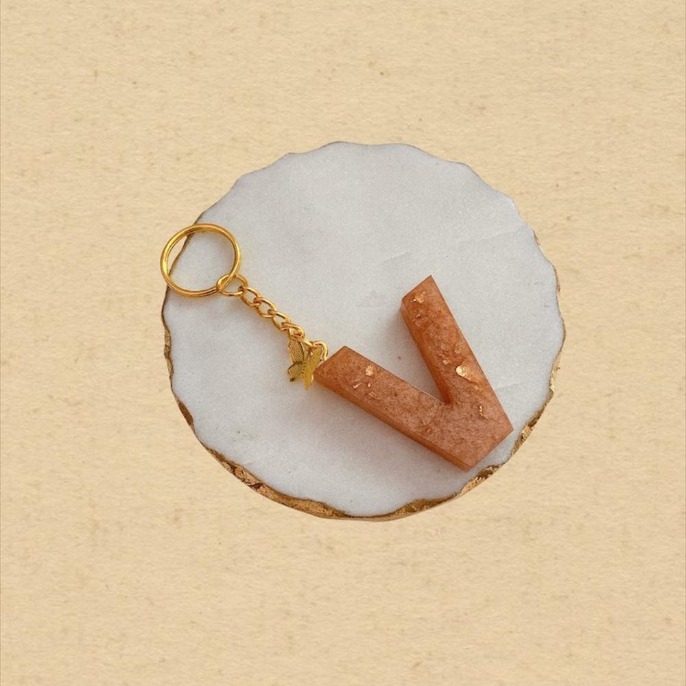 Custom Letter “V” Butterfly Key Chain - Peach Gold